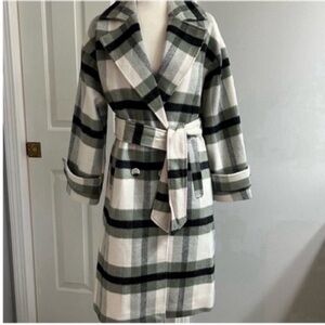 MINKPINK Coat Black/Cream/ Green Plaid Size S